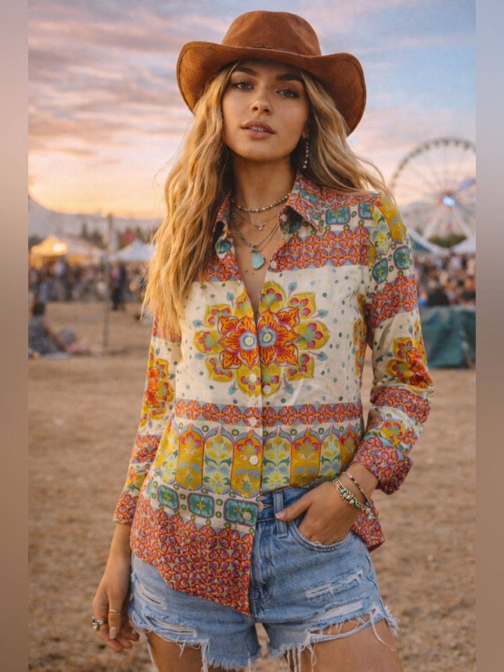 Lucky Brand vintage boho floral design cotton long sleeved button down shirt EUC